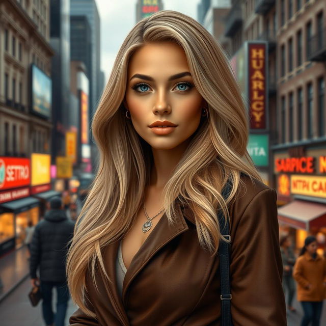 A realistic depiction of a stunning American Latina woman aged 37, with beautiful blonde hair that cascades around her shoulders