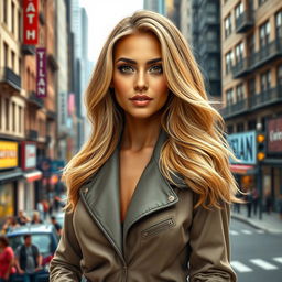 A realistic depiction of a stunning American Latina woman aged 37, with beautiful blonde hair that cascades around her shoulders