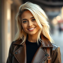 A 35-year-old woman with striking blonde hair and an American Latina appearance, embodying a unique blend of cultural beauty and contemporary fashion