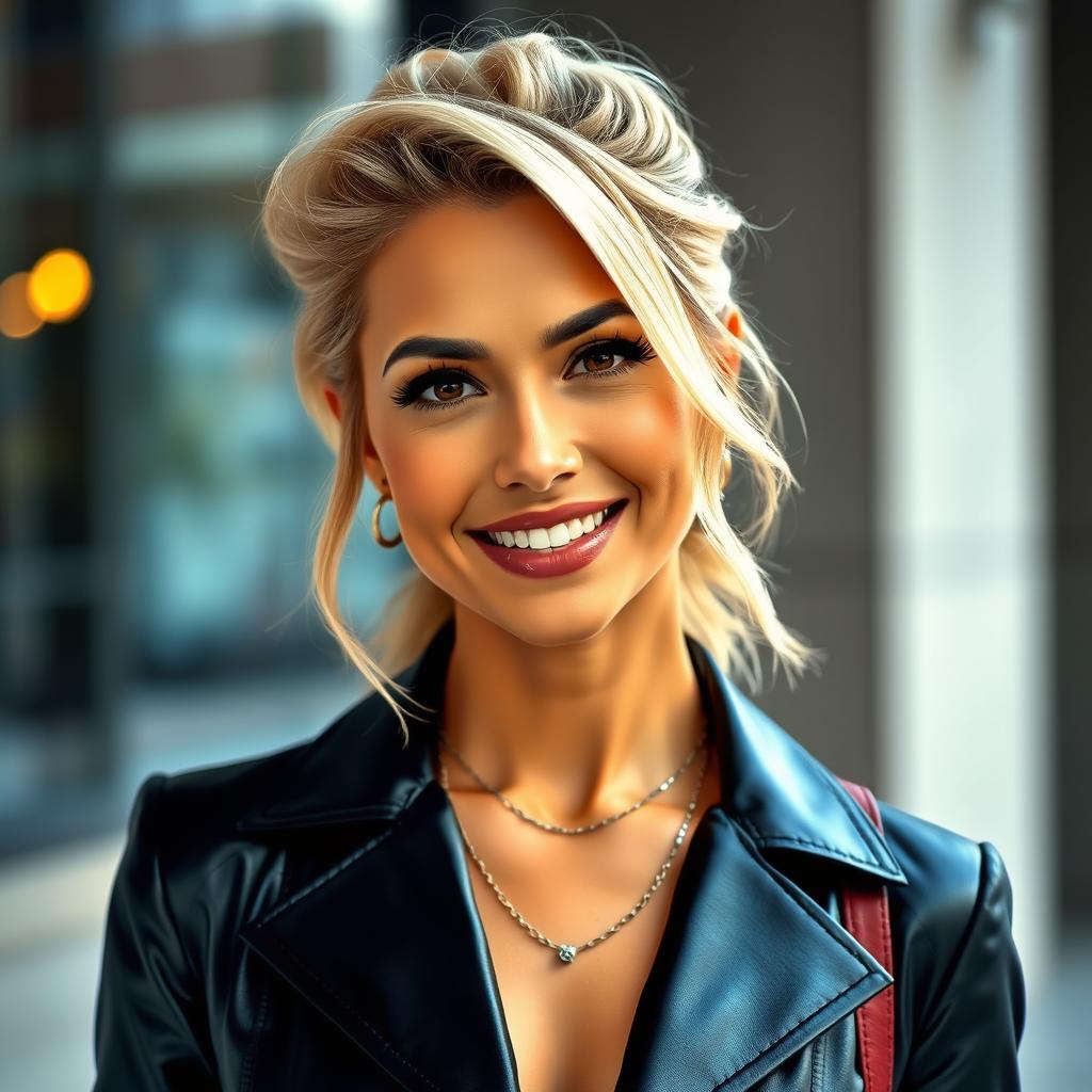 A 35-year-old woman with striking blonde hair and an American Latina appearance, embodying a unique blend of cultural beauty and contemporary fashion