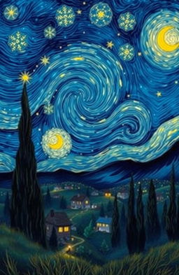 A serene and enchanting nighttime landscape, inspired by Van Gogh's 'Starry Night', showcasing a swirling star-filled sky filled with luminous stars and a glowing crescent moon, casting soft light over a peaceful village below