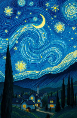 A serene and enchanting nighttime landscape, inspired by Van Gogh's 'Starry Night', showcasing a swirling star-filled sky filled with luminous stars and a glowing crescent moon, casting soft light over a peaceful village below