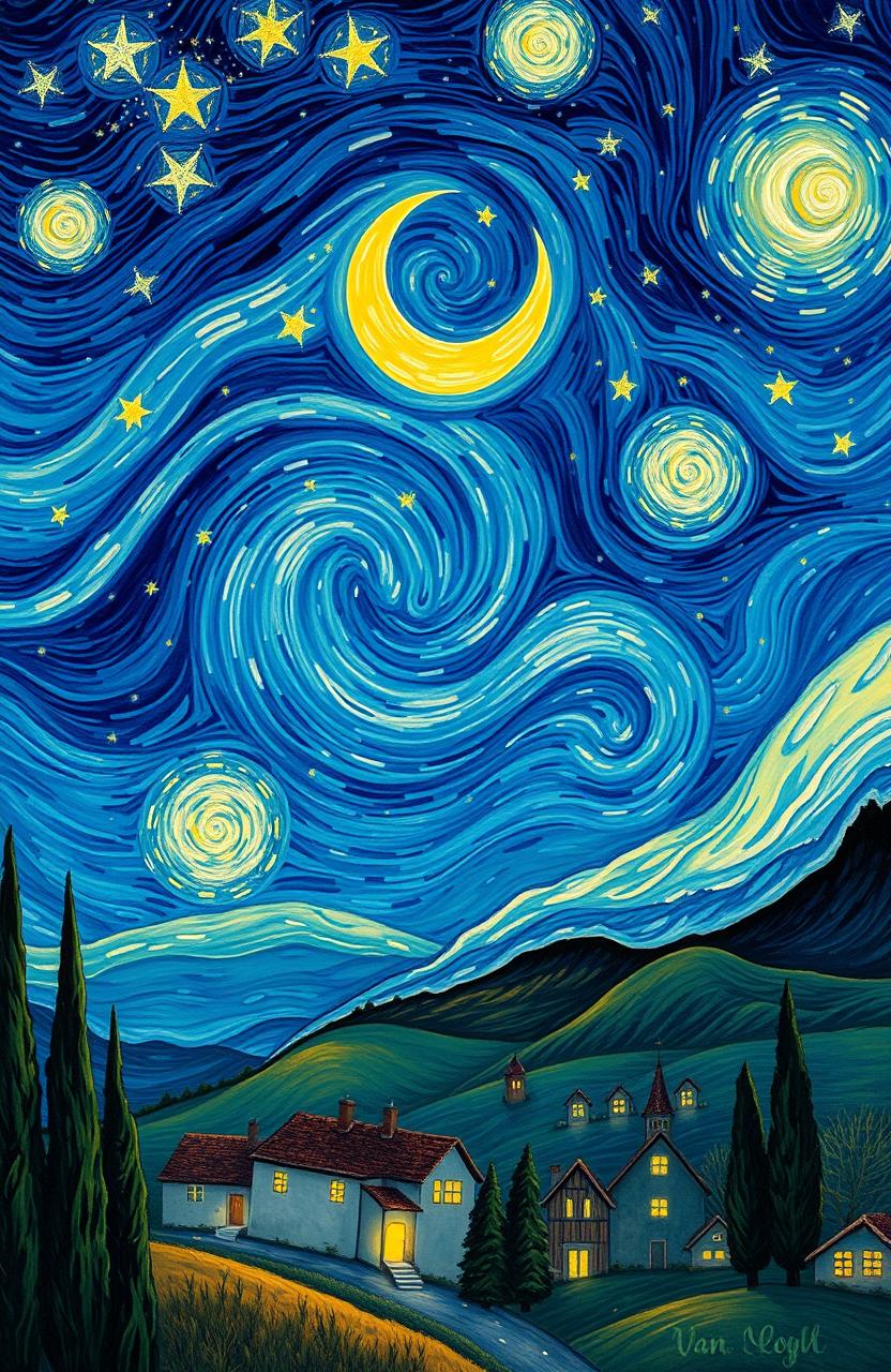 A serene and enchanting nighttime landscape, inspired by Van Gogh's 'Starry Night', showcasing a swirling star-filled sky filled with luminous stars and a glowing crescent moon, casting soft light over a peaceful village below