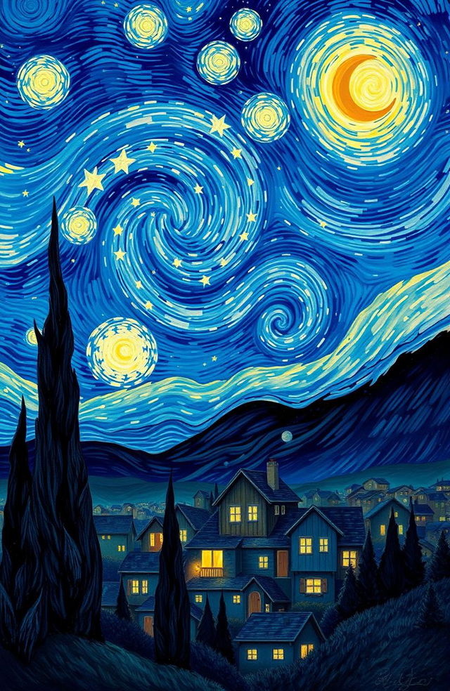 A serene and enchanting nighttime landscape, inspired by Van Gogh's 'Starry Night', showcasing a swirling star-filled sky filled with luminous stars and a glowing crescent moon, casting soft light over a peaceful village below