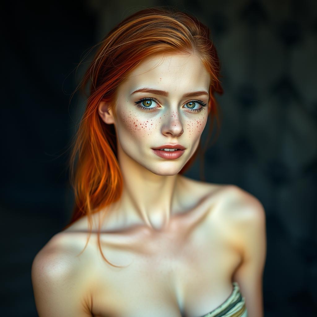 A woman with bright red hair, a slender physique, and freckles adorning her face