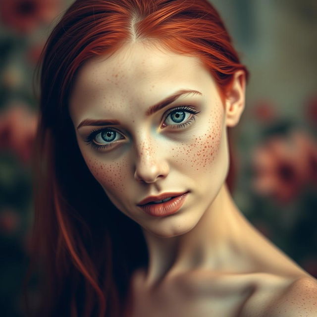 A woman with bright red hair, a slender physique, and freckles adorning her face