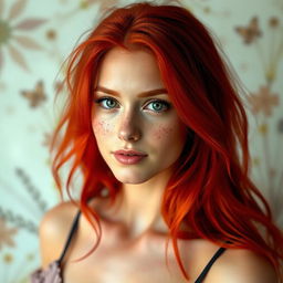 A woman with bright red hair, a slender physique, and freckles adorning her face