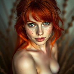 A woman with bright red hair, a slender physique, and freckles adorning her face