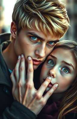 A captivating scene featuring a strikingly handsome young man with blonde hair and piercing blue eyes, gently placing his hand on the mouth of a girl with heterochromia, where one eye is a vivid green and the other is a deep brown