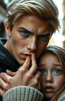 A captivating scene featuring a strikingly handsome young man with blonde hair and piercing blue eyes, gently placing his hand on the mouth of a girl with heterochromia, where one eye is a vivid green and the other is a deep brown