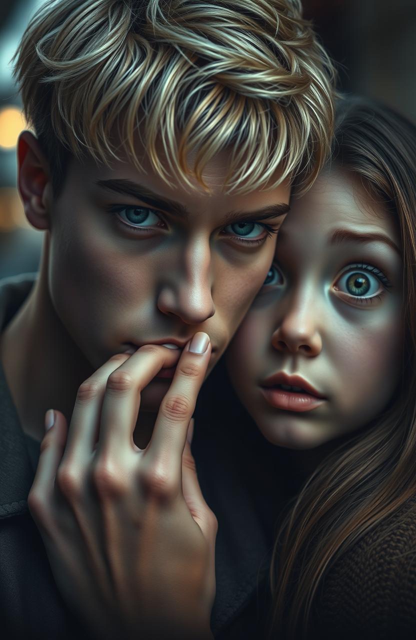 A captivating scene featuring a strikingly handsome young man with blonde hair and piercing blue eyes, gently placing his hand on the mouth of a girl with heterochromia, where one eye is a vivid green and the other is a deep brown