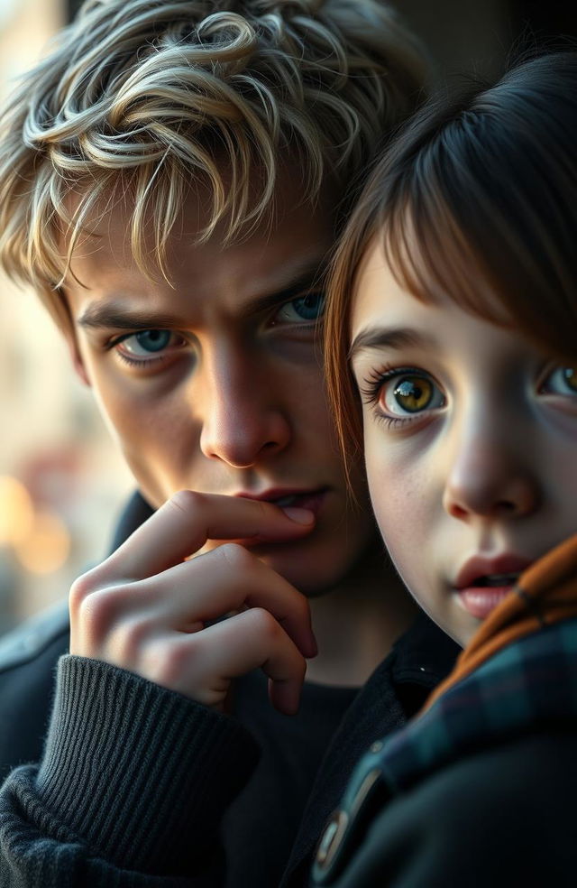 A captivating scene featuring a strikingly handsome young man with blonde hair and piercing blue eyes, gently placing his hand on the mouth of a girl with heterochromia, where one eye is a vivid green and the other is a deep brown