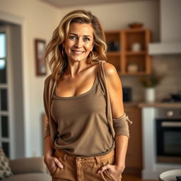 A seductive mature woman dressed in comfortable yet alluring home attire, embodying both warmth and confidence