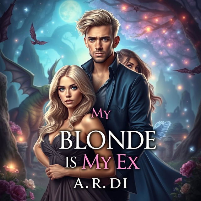 A captivating book cover for a fantasy romance novel titled "My Blonde is My Ex" by A