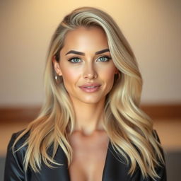 A 35-year-old woman with stunning blonde hair and a captivating Latina appearance, radiating confidence and poise
