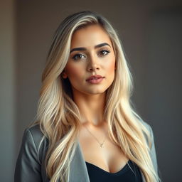 A 35-year-old woman with stunning blonde hair and a captivating Latina appearance, radiating confidence and poise
