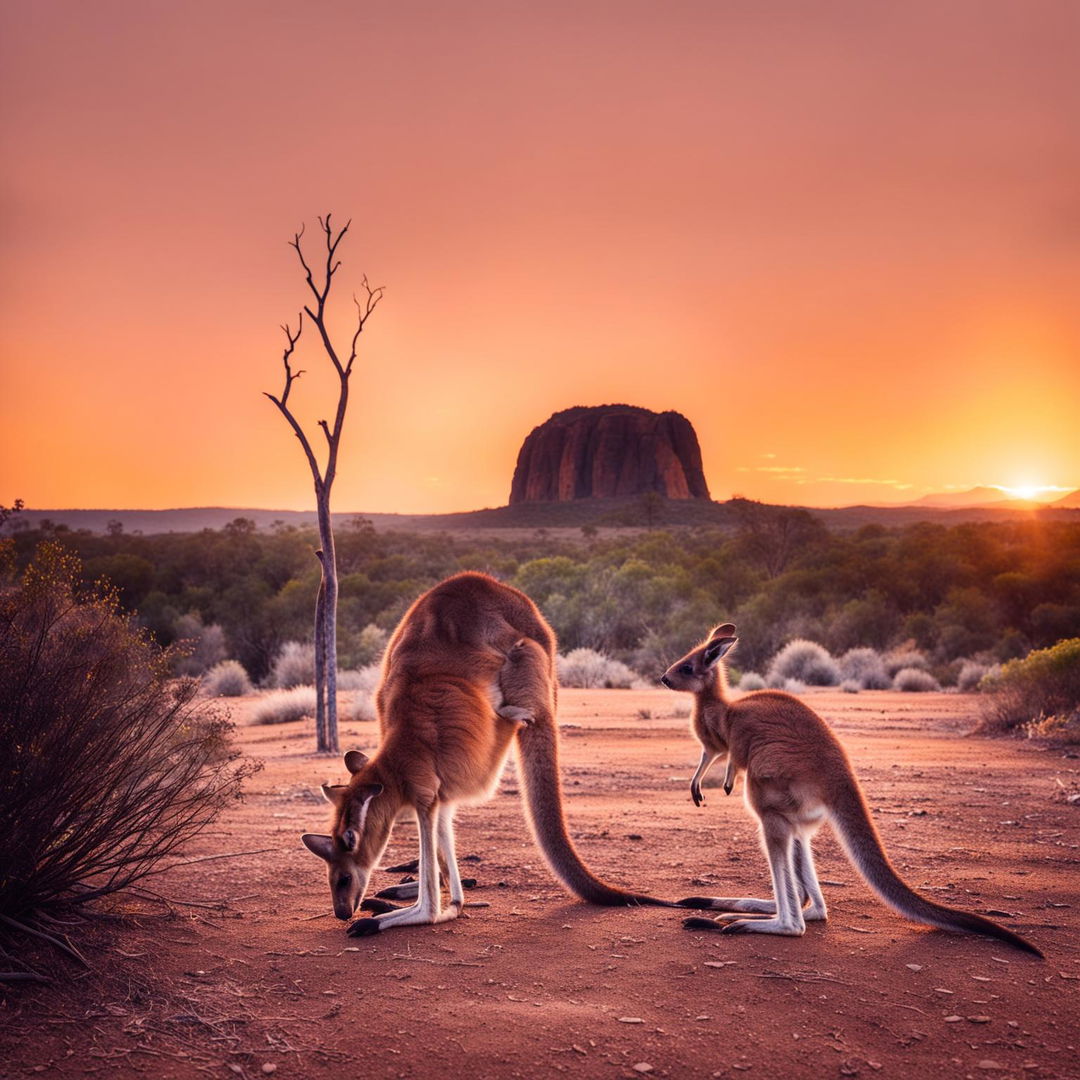 Wide-angle sunrise shot of Australian outback with Uluṟu in distance and kangaroo with joey in foreground.