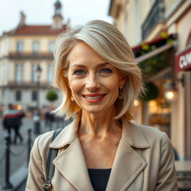 A woman over 35 years old with light blonde hair and a quintessential European appearance