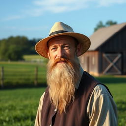 A portrait of an Amish man with a long, well-groomed beard, wearing traditional Amish clothing