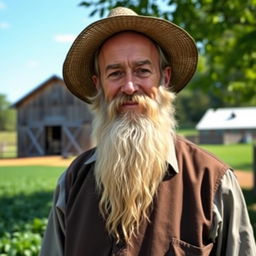 A portrait of an Amish man with a long, well-groomed beard, wearing traditional Amish clothing