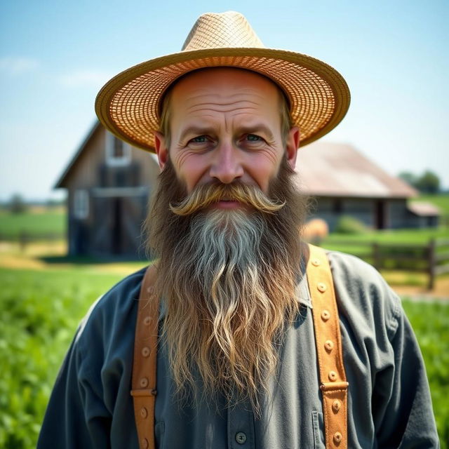 A portrait of an Amish man with a long, well-groomed beard, wearing traditional Amish clothing