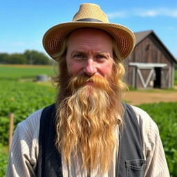 A portrait of an Amish man with a long, well-groomed beard, wearing traditional Amish clothing