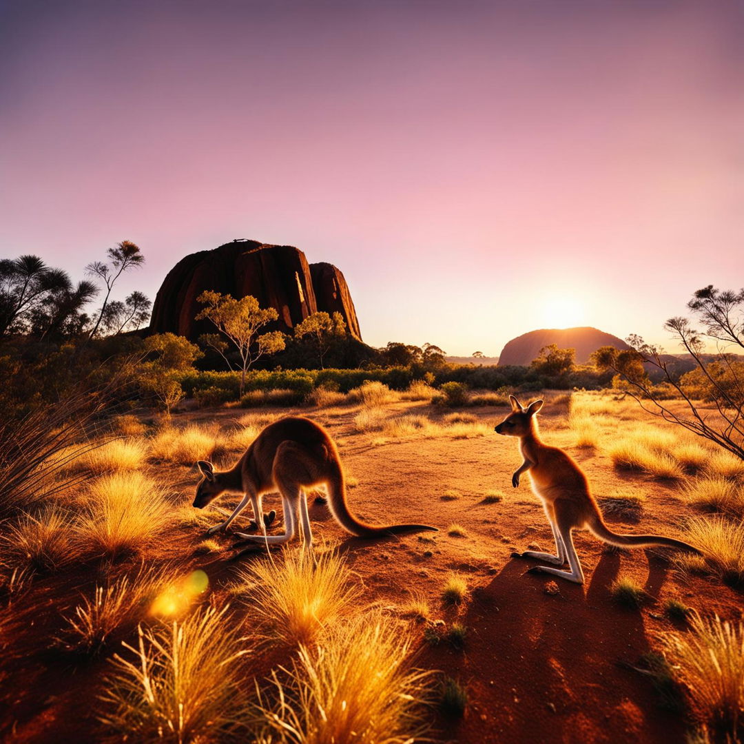 Wide-angle sunrise shot of Australian outback with Uluṟu in distance, kangaroo and joey amidst Australian grasses and scorpion in foreground