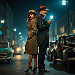 A full-body view of a 1940s detective pair, a stylish woman and a suave man, standing back-to-back in a dimly lit street