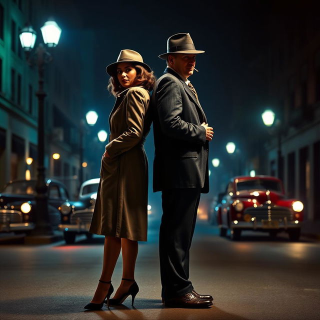 A full-body view of a 1940s detective pair, a stylish woman and a suave man, standing back-to-back in a dimly lit street