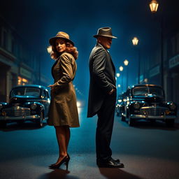 A full-body view of a 1940s detective pair, a stylish woman and a suave man, standing back-to-back in a dimly lit street