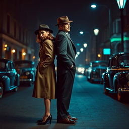 A full-body view of a 1940s detective pair, a stylish woman and a suave man, standing back-to-back in a dimly lit street