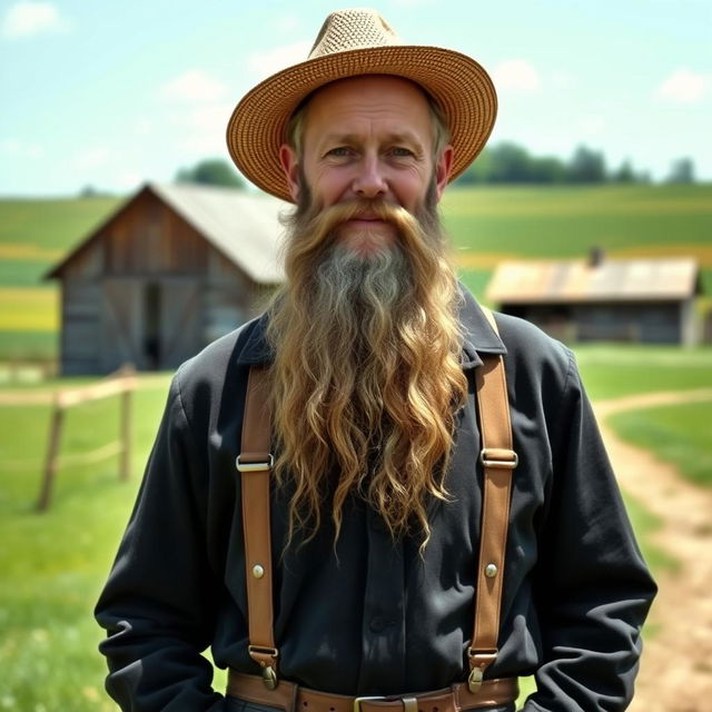 A full-body portrait of an Amish man with a long, well-groomed beard, dressed in traditional Amish attire including a dark coat, suspenders, and a straw hat