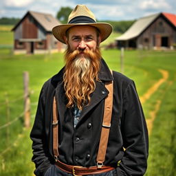 A full-body portrait of an Amish man with a long, well-groomed beard, dressed in traditional Amish attire including a dark coat, suspenders, and a straw hat