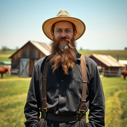 A full-body portrait of an Amish man with a long, well-groomed beard, dressed in traditional Amish attire including a dark coat, suspenders, and a straw hat