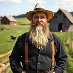A full-body portrait of an Amish man with a long, well-groomed beard, dressed in traditional Amish attire including a dark coat, suspenders, and a straw hat