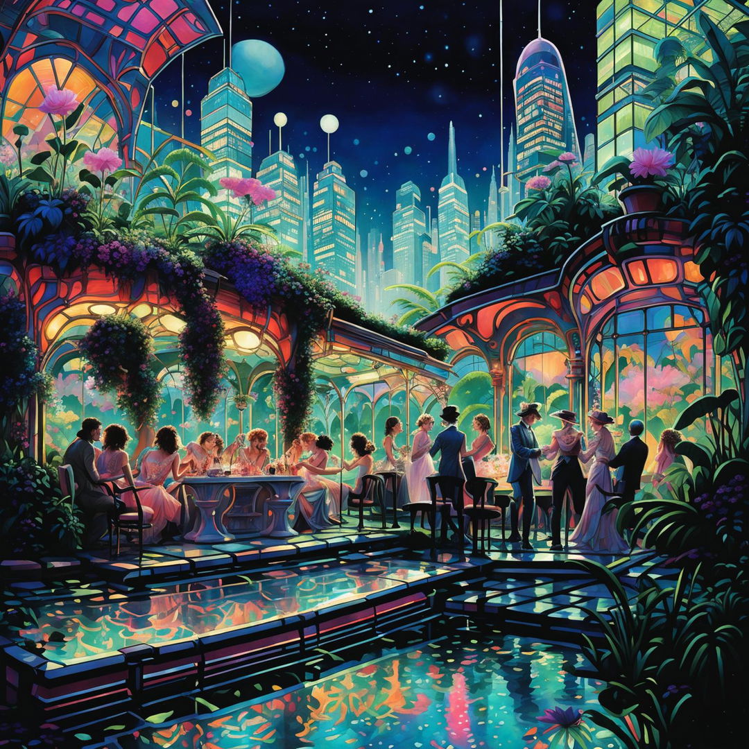 Art Nouveau meets Cyberpunk in a glass sky city garden party