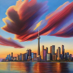 An oil painting of the Toronto skyline during sunset, capturing its rich colours and towering skyscrapers in stunning detail.