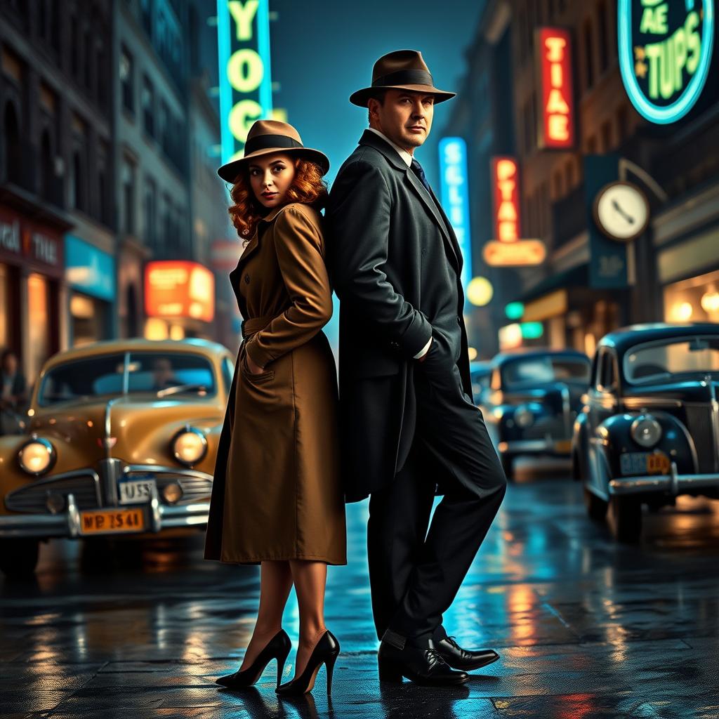 A full-body view of a 1940s detective pair, a stylish woman and a suave man, standing back-to-back in a bustling street