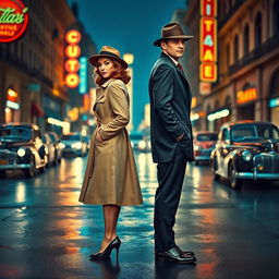 A full-body view of a 1940s detective pair, a stylish woman and a suave man, standing back-to-back in a bustling street