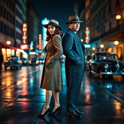 A full-body view of a 1940s detective pair, a stylish woman and a suave man, standing back-to-back in a bustling street