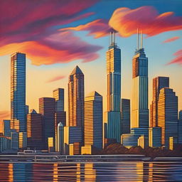 An oil painting of the Toronto skyline during sunset, capturing its rich colours and towering skyscrapers in stunning detail.