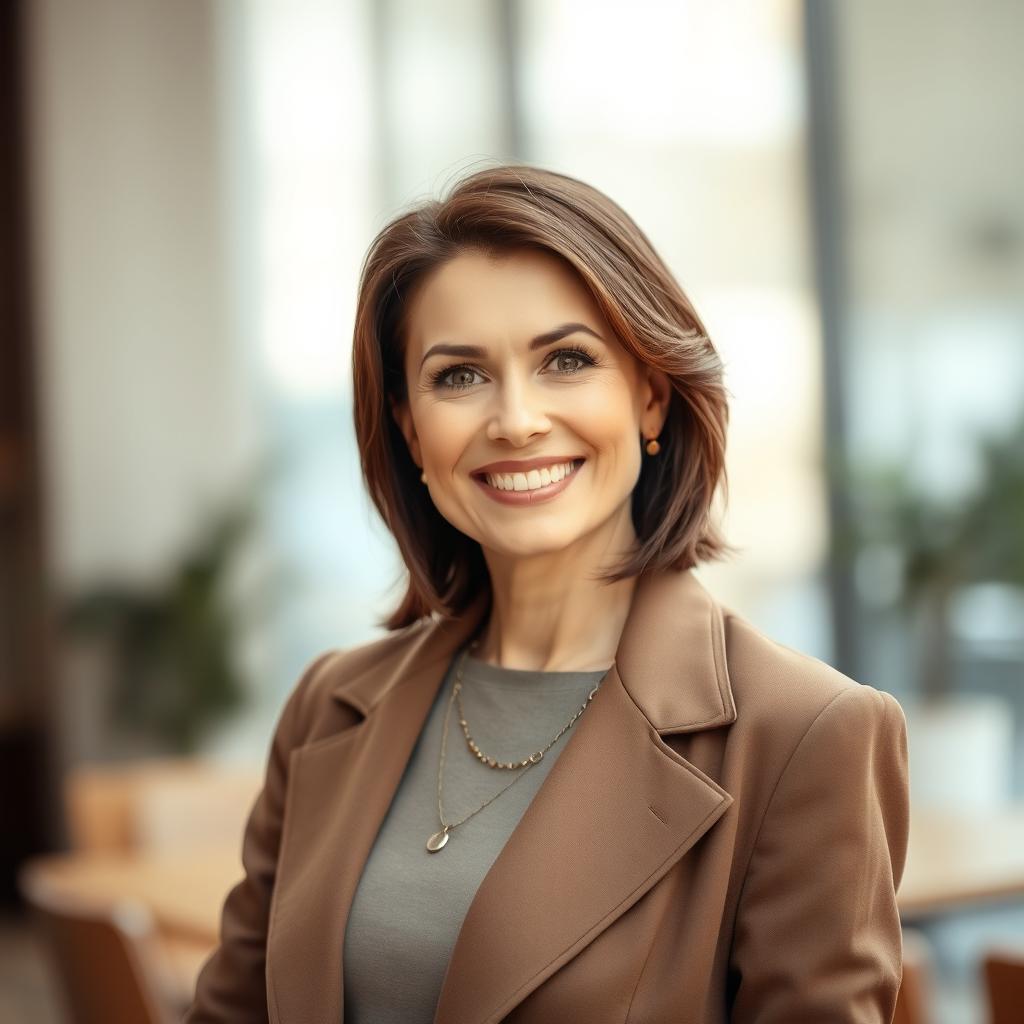 A woman aged between 35-50 years old with European features, depicting her with either dark or light hair styled elegantly