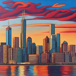 An oil painting of the Toronto skyline during sunset, capturing its rich colours and towering skyscrapers in stunning detail.