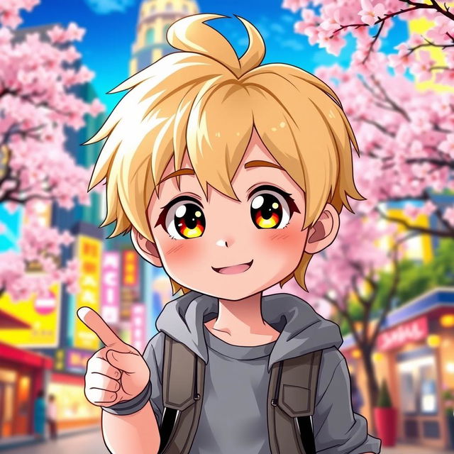 A cute anime-style blonde boy with large expressive eyes and a charming smile, wearing a stylish casual outfit