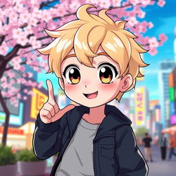 A cute anime-style blonde boy with large expressive eyes and a charming smile, wearing a stylish casual outfit