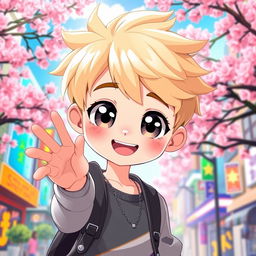 A cute anime-style blonde boy with large expressive eyes and a charming smile, wearing a stylish casual outfit
