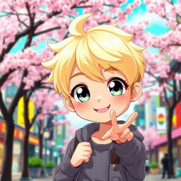 A cute anime-style blonde boy with large expressive eyes and a charming smile, wearing a stylish casual outfit