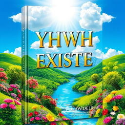 A vibrant book cover for 'YHWH EXISTE', featuring a paradise-inspired scene in vivid colors