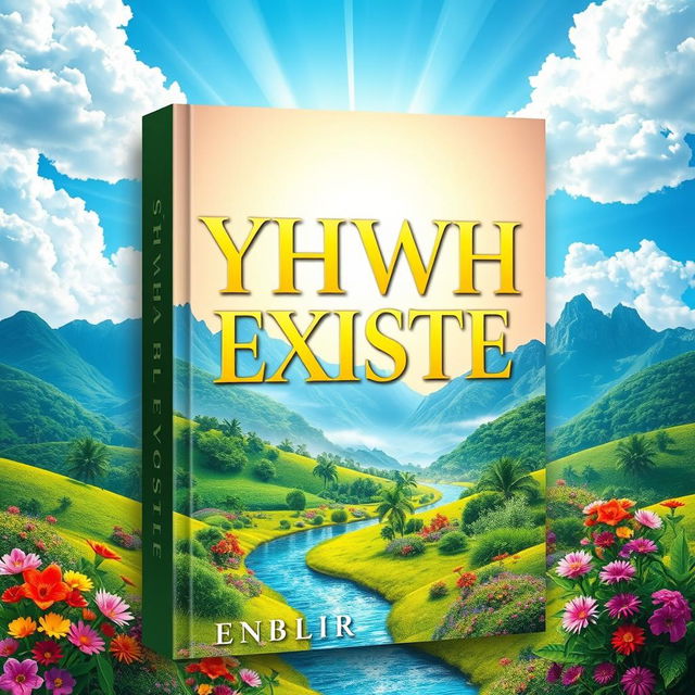 A vibrant book cover for 'YHWH EXISTE', featuring a paradise-inspired scene in vivid colors