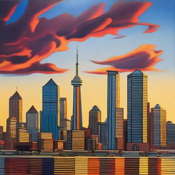 An oil painting of the Toronto skyline during sunset, capturing its rich colours and towering skyscrapers in stunning detail.